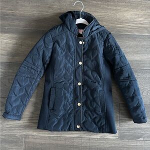 Navy Blue Girl’s Quilted Hooded Jacket with Gold Buttons